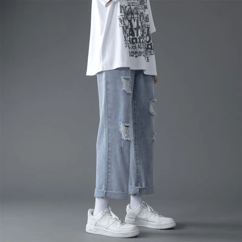 FAIRWHALE Summer Jeans Unisex Ripped Denim Blue-5