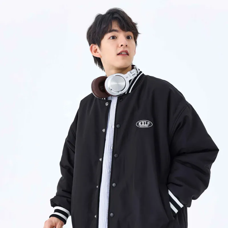 KXLFCHN Letter Baseball Collar Loose Fit Puffer Jacket Unisex-2