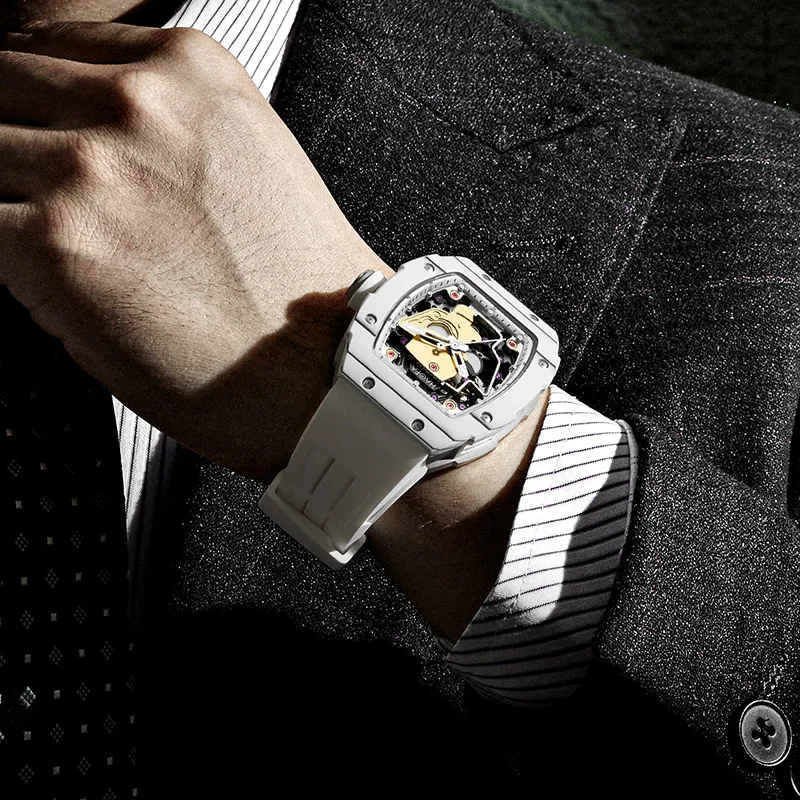 HaofaTourbillon Arknights Series Mechanical Movement Rubber Strap Watch Men's Watches Cut-Out Dial-12