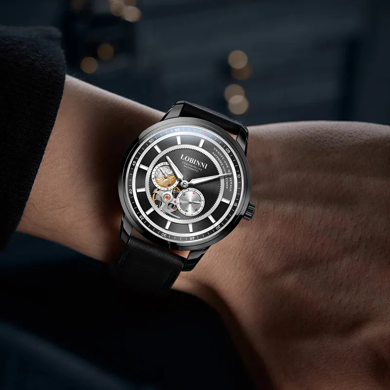 LOBINNI L Automatic Mechanical Movement Genuine Leather Strap Watch Men's Watches Black Dial-1