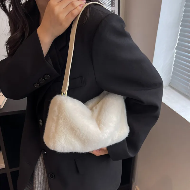 JANE KLAIN Plush Small Square Bag Shoulder Bag Medium Size Women's White/Apricot/Pink-3