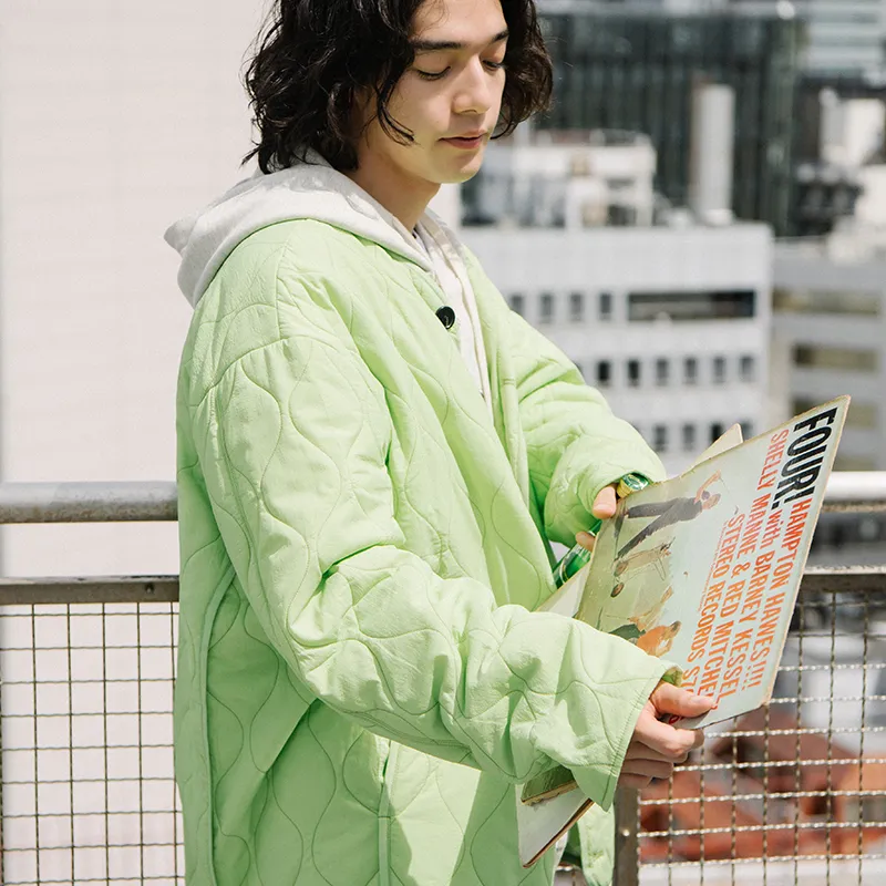 YOSHIYOYI Collarless Loose Fit Puffer Jacket Unisex Neon Green-4