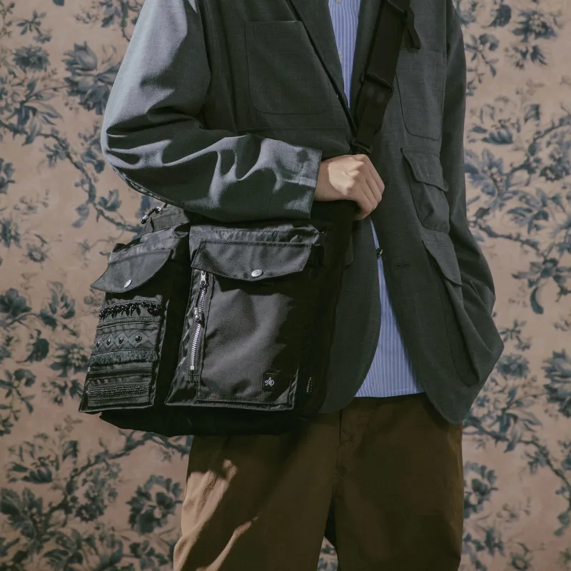 The MAD HATcher Polyamide Shoulder Bag, Crossbody Bag, Handbag Large Size Unisex Black/Navy Blue-5