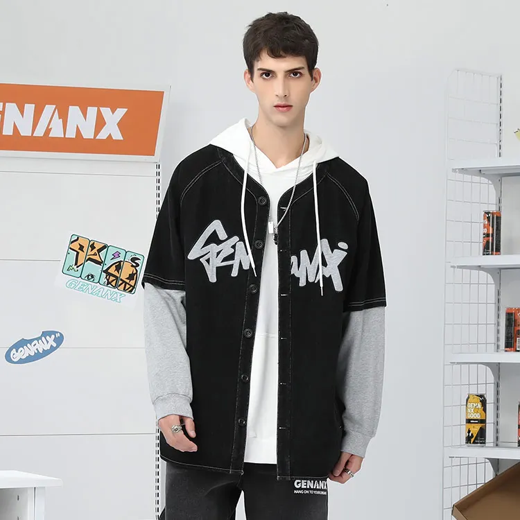 GENANX Loose Fit Mock Two Piece Jacket Unisex Black-3