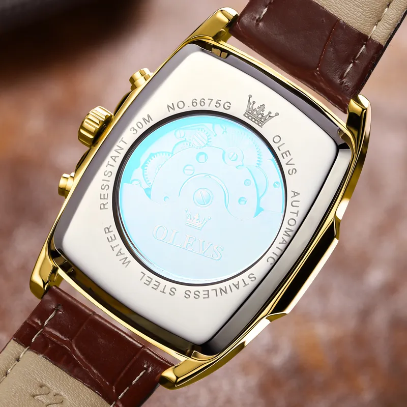 OLEVS Mechanical Movement Leather Strap Watch Men's Watches White Dial-19