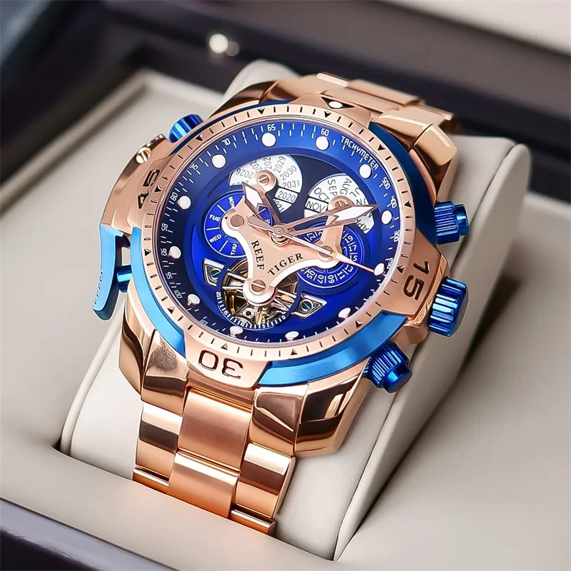 REEF TIGER Mechanical Movement Steel Strap Watch Men's Watches Black Dial-5