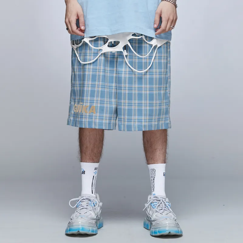 Guuka Casual Shorts Men Blue Plaid-4