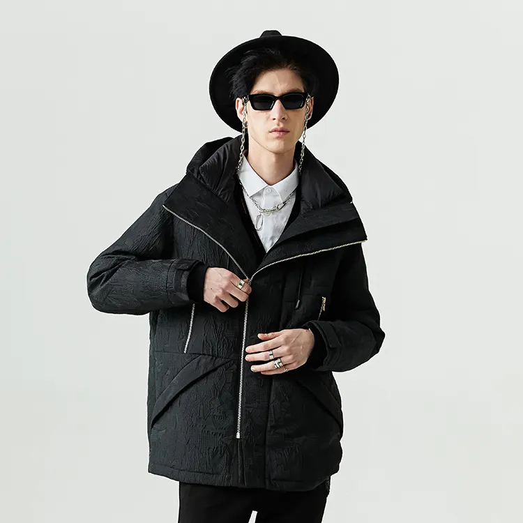 DAVID NAMAN Solid Color Hooded Loose Fit Thickened Mid Length Down Jacket Men's Black-2