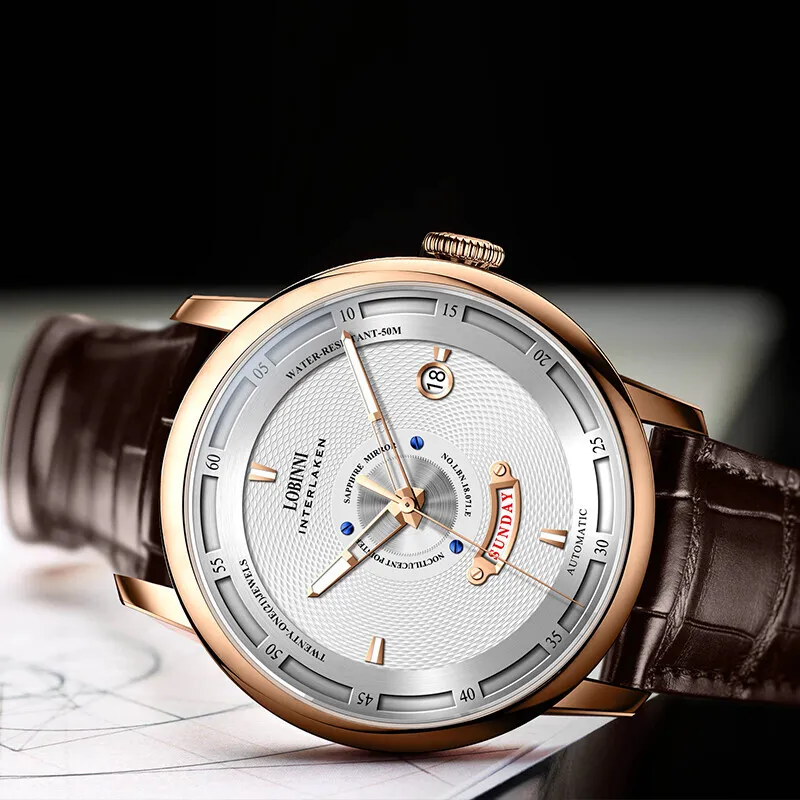 LOBINNI L Automatic Mechanical Movement Genuine Leather Strap Watch Men's Watches Black Dial-24