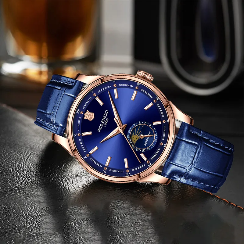 ROLENDO R Automatic Mechanical Movement Genuine Leather Strap Watch Men's Watches Coffee Watch Dial-4