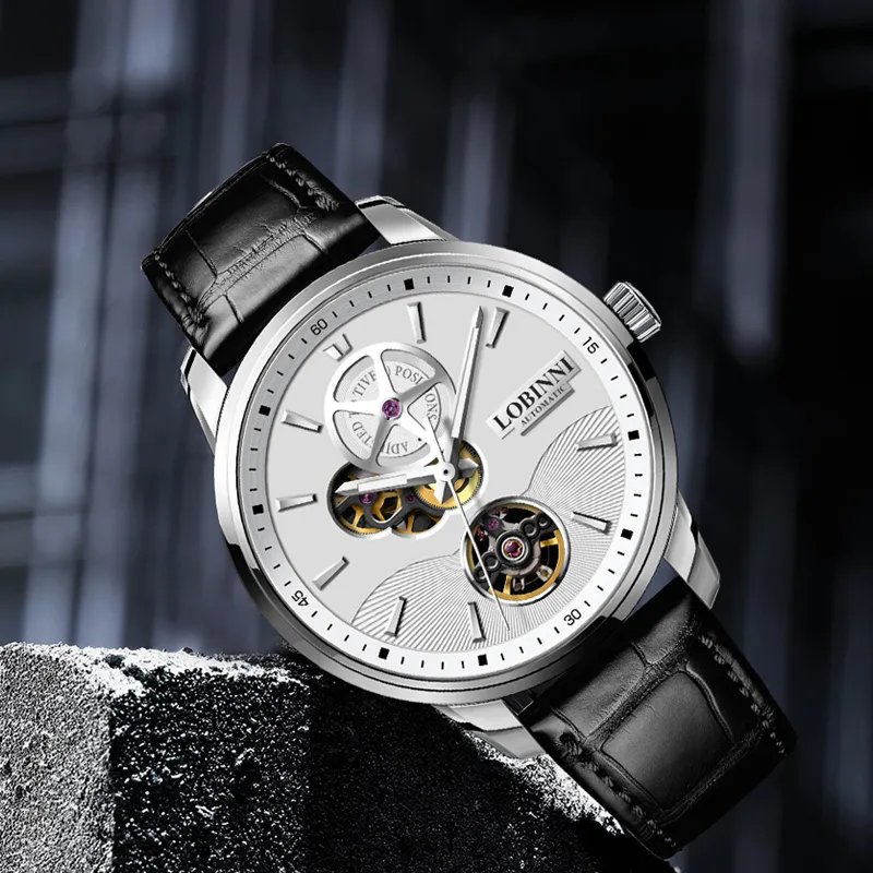 LOBINNI L Automatic Mechanical Movement Genuine Leather Strap Watch Men's Watches Black Dial-21