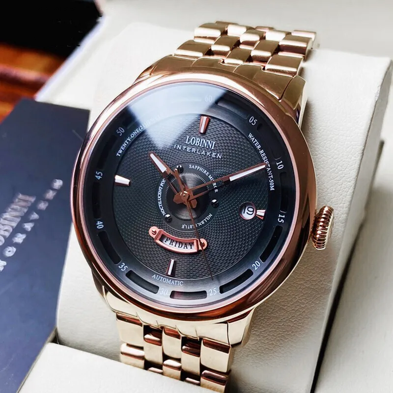 LOBINNI L Automatic Mechanical Movement Genuine Leather Strap Watch Men's Watches Black Dial-13