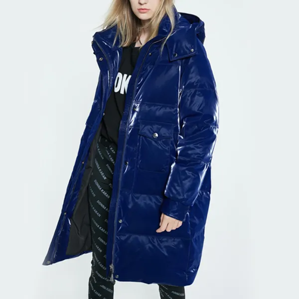 DKNY FW22 Solid Color Detachable Hood Thickened Long Down Jacket Women's Dark Blue-4