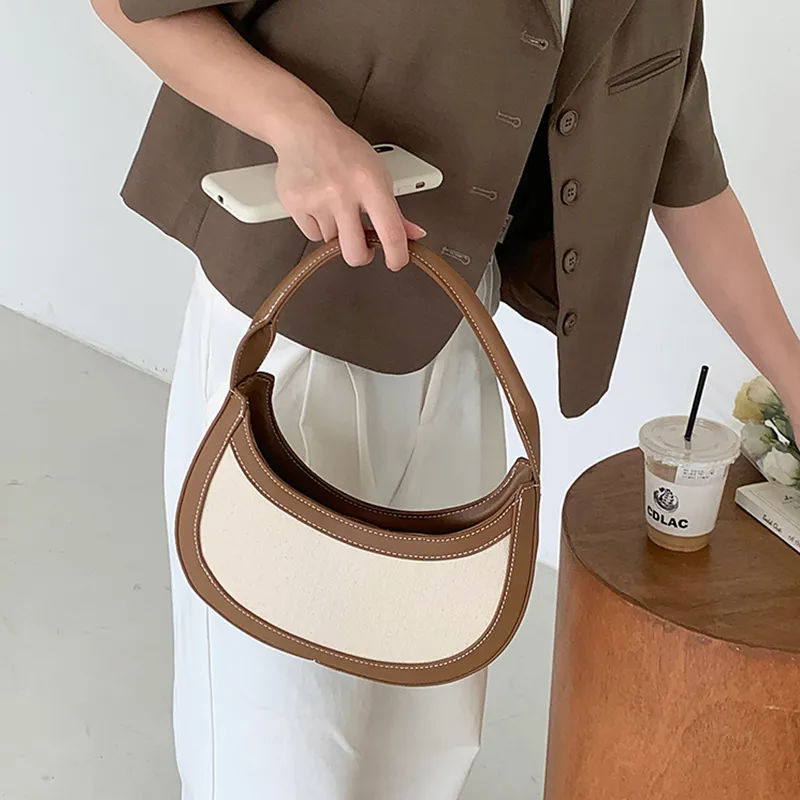 JANE KLAIN Synthetic Leather + Fabric Crescent Bag Shoulder Bag Handbag Medium Size Women's Ecru/Khaki/Black-2