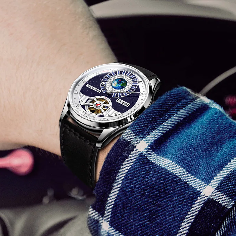 LOBINNI L Planet Watch Men's Automatic Mechanical Movement Cowhide Strap Watch Men's Watches Blue Dial-21