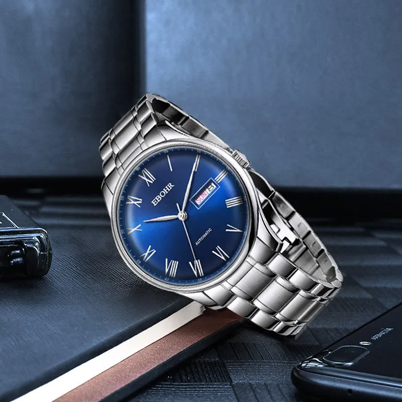 EBOHR Mechanical Movement Stainless Steel Strap Watch Men's Watches Blue Dial-3