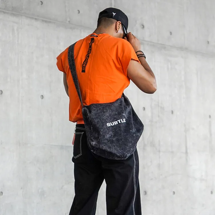 Subtle Washed Denim Shoulder Bag, Crossbody Bag, Fitness Bag, Travel Bag Unisex Nebula Black/Berry Blue/Stone Gray-3