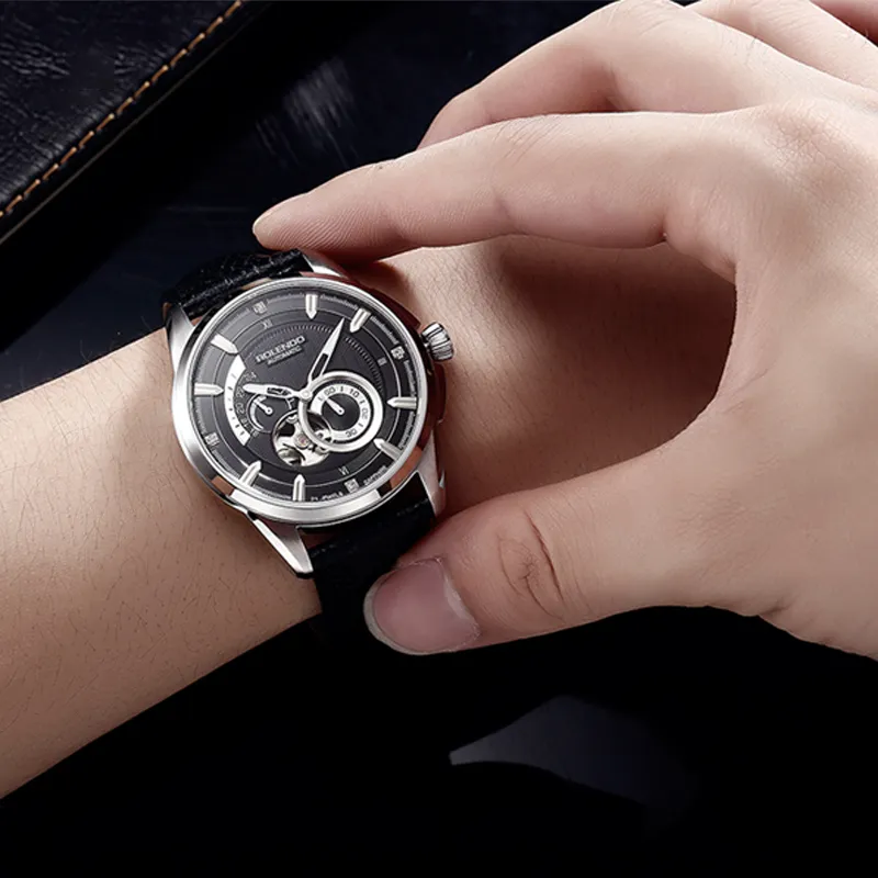ROLENDO R Wisdom Series Automatic Mechanical Movement Cowhide Strap Watch Men's Watches Black Dial-4