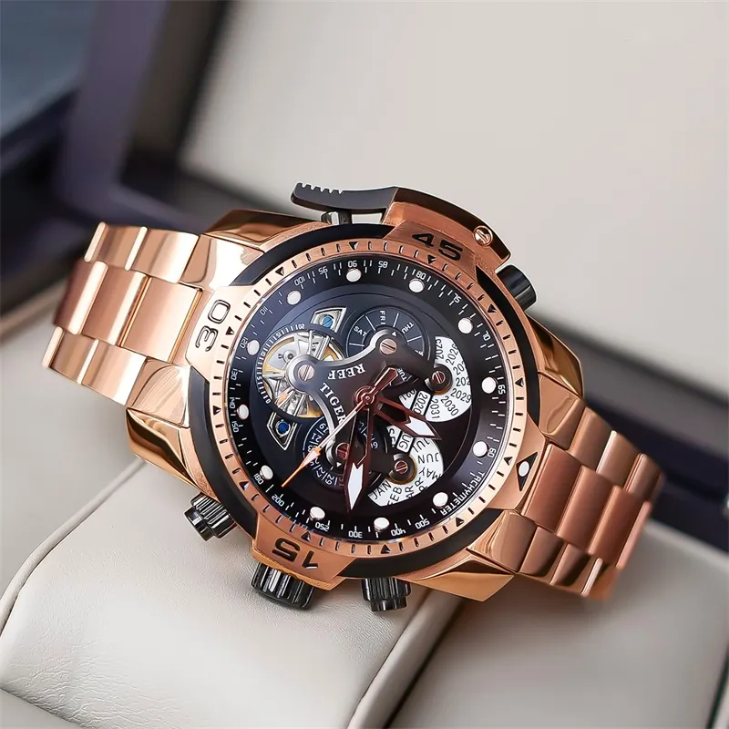 REEF TIGER Aurora Automatic Mechanical Movement Stainless Steel Watchband Watch Men's Watches Black Dial-4