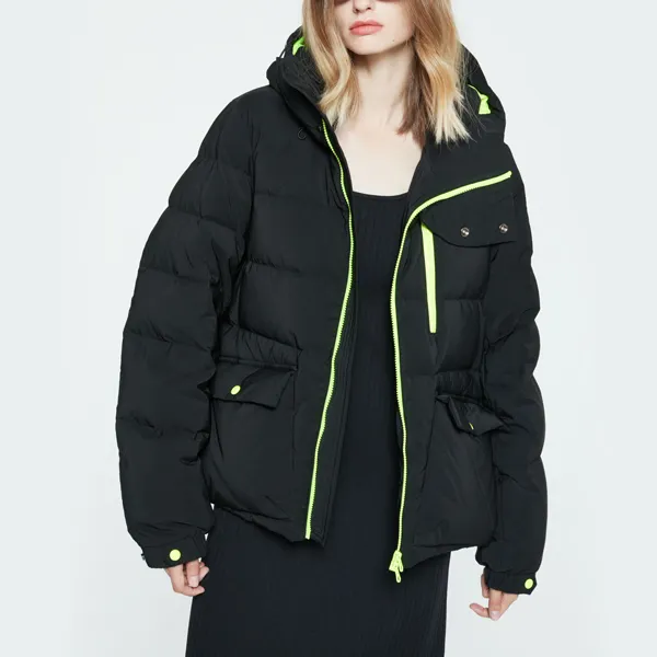 DKNY FW22 Solid Color Hooded Loose Fit Thickened Cropped Down Jacket Women's Black-2