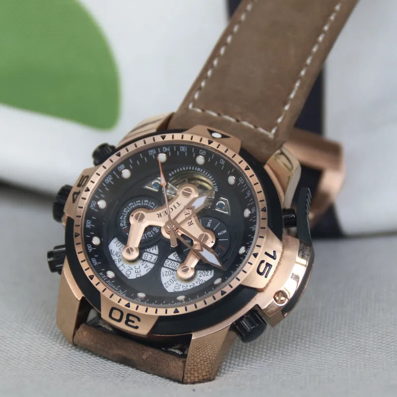 REEF TIGER Aurora Automatic Mechanical Movement Cowhide Strap Watch Men's Watches Black Dial-1