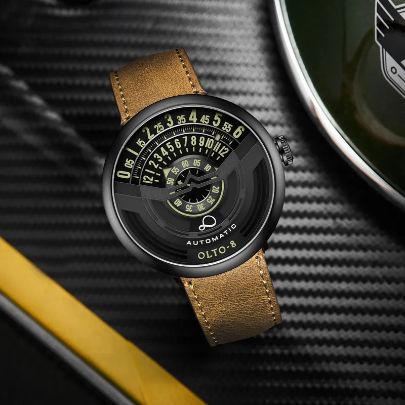 OLTO 8 UFO Series Wrist Watch Automatic Mechanical Movement Genuine Leather Strap Black Dial Men's Watches IF1 S3433-3