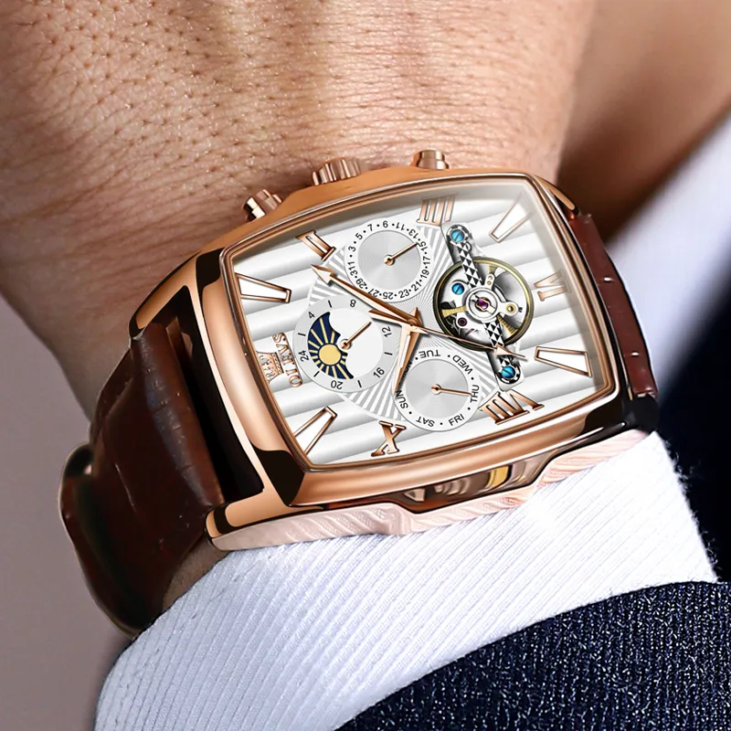 OLEVS Mechanical Movement Leather Strap Watch Men's Watches White Dial-3