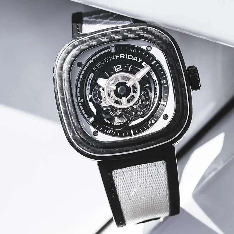 SEVENFRIDAY P Series Automatic Mechanical Movement Unisex Watch Black Dial Stainless Steel Case Cow Leather Strap-1