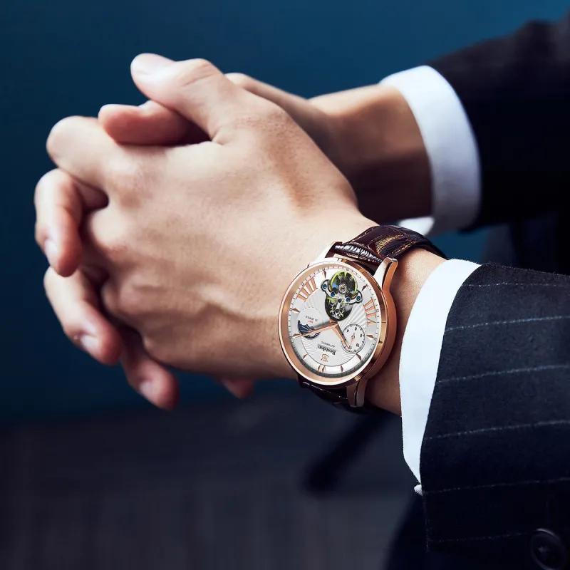 Bestdon Automatic Mechanical Movement Genuine Leather Strap Men's Watches Black Dial-4