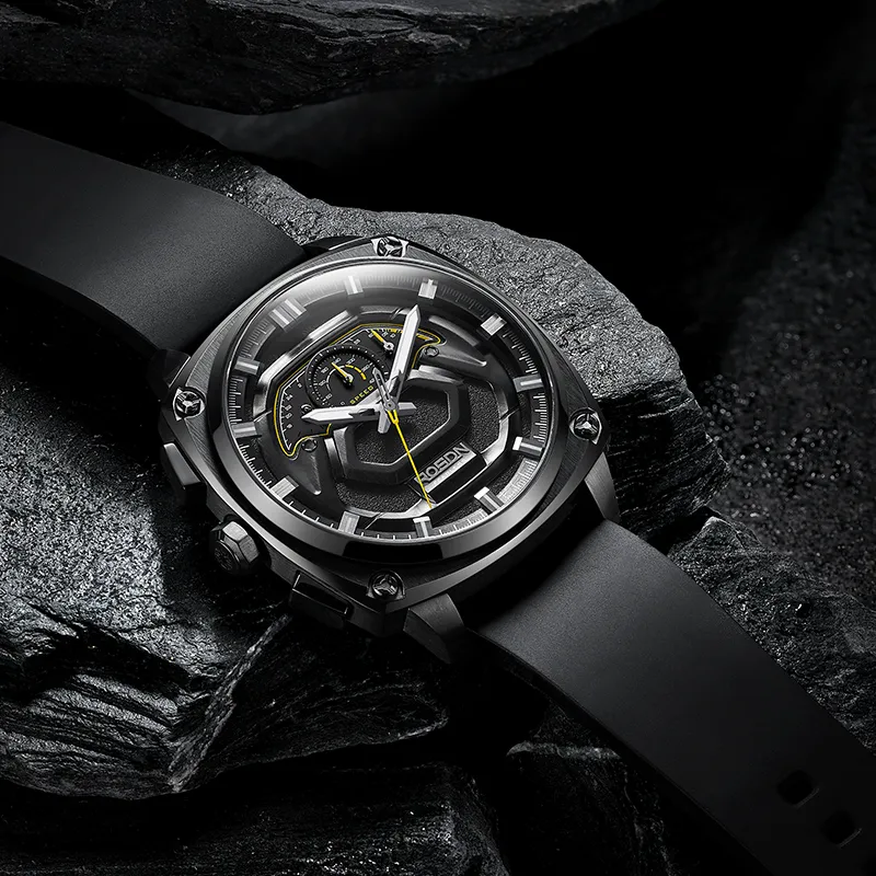 ROSDN Vivobook Automatic Mechanical Movement Silicone Strap Watch Men's Watches Black Dial G3288-6