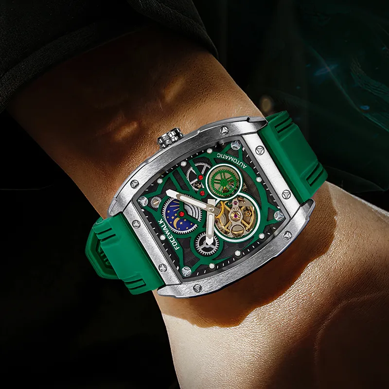 FOCEWALK Three Kingdoms Cao Wei Mechanical Movement Stainless Steel Watchband Watch Men's Watches Green Dial-10
