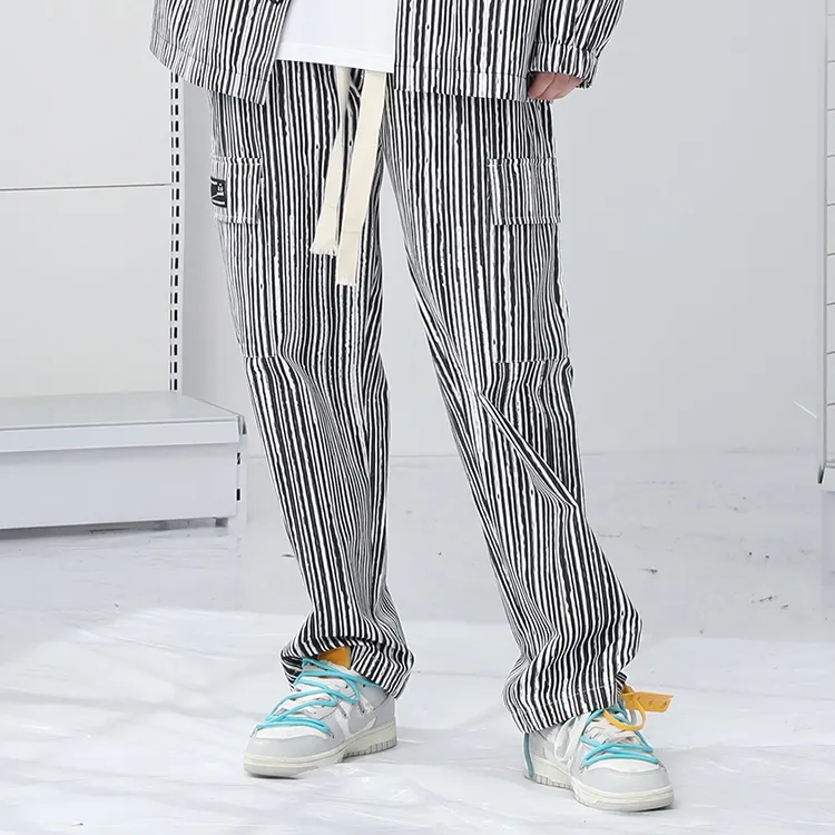 GENANX Casual Pants Unisex Black White Stripes-3