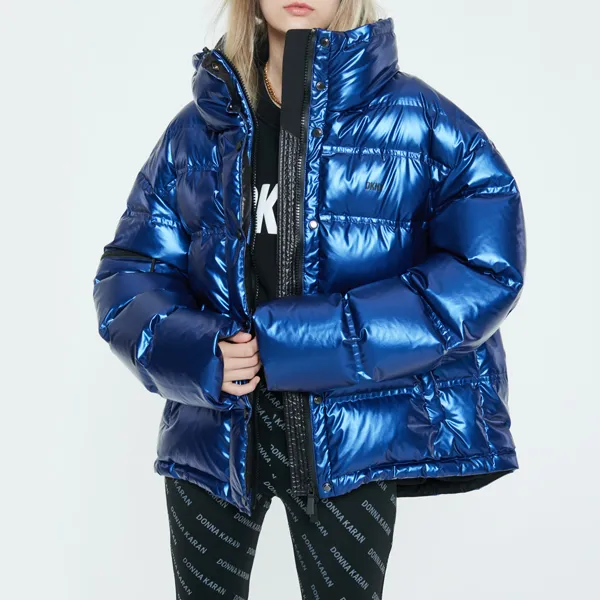 DKNY FW22 Solid Color Lapel Loose Fit Thickened Down Jacket Women's Metal Blue-3