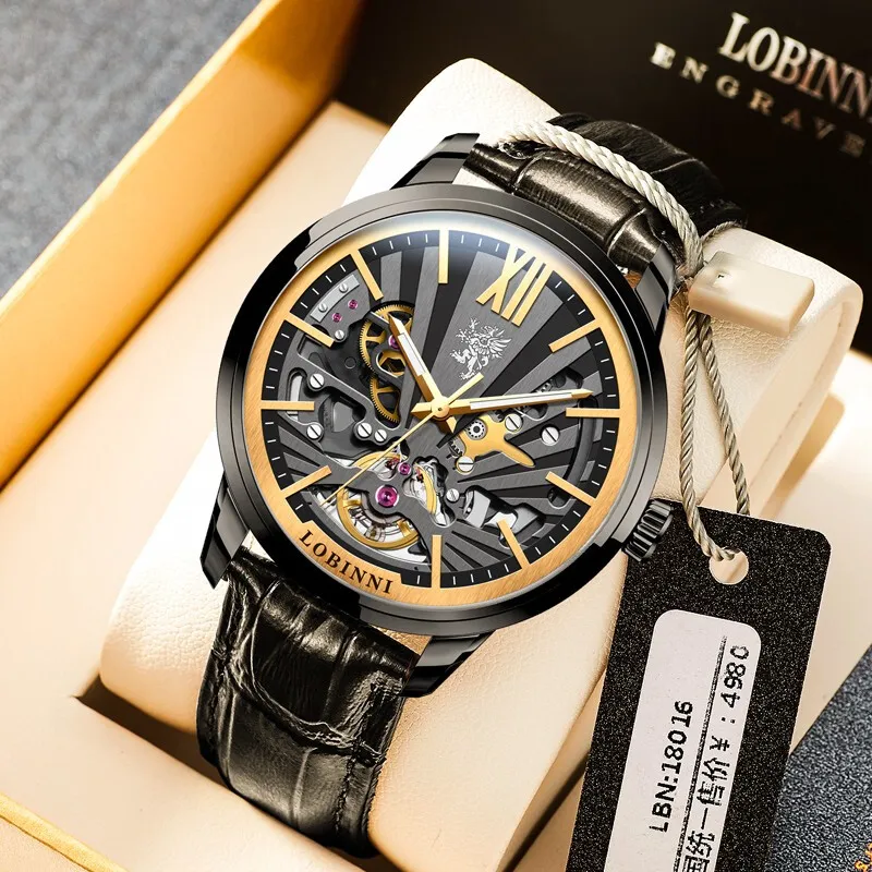 LOBINNI L Automatic Mechanical Movement Leather Watch Bands Watch Men's Watches Cut-Out Dial-2