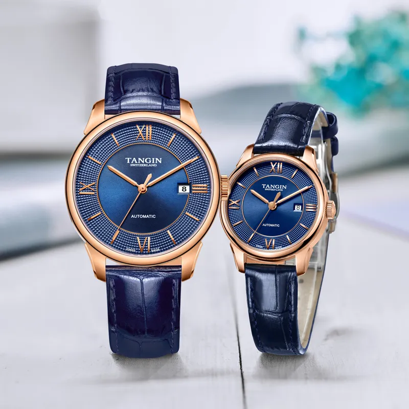 TANGIN Segru Series Automatic Mechanical Movement Unisex Watch 39mm 39 Blue Dial Genuine Leather Strap-2