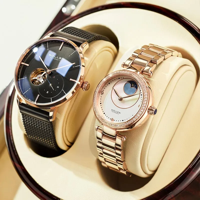 SOLLEN Automatic Mechanical Movement Stainless Steel Watchband Watch Unisex Black Dial SL520-2