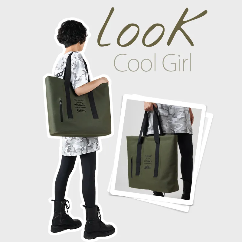 M Square Fabric Beach Bag, Tote Bag, Shopping Bag, Shoulder Bag Tubas Unisex Olive Green-1