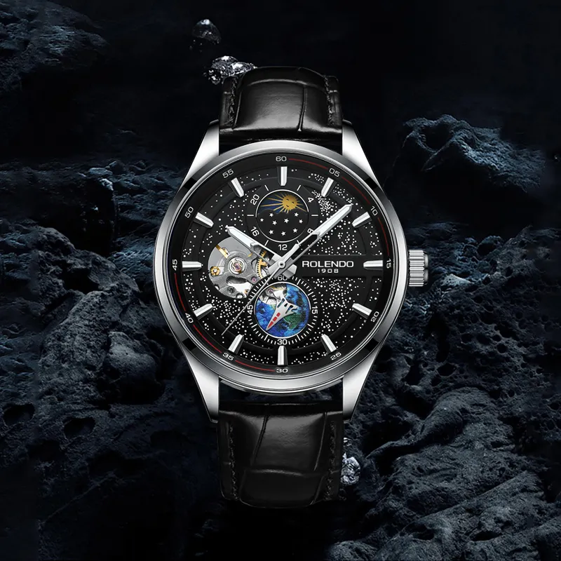 ROLENDO R Automatic Mechanical Movement Cowhide Strap Watch Men's Watches Black Dial-6