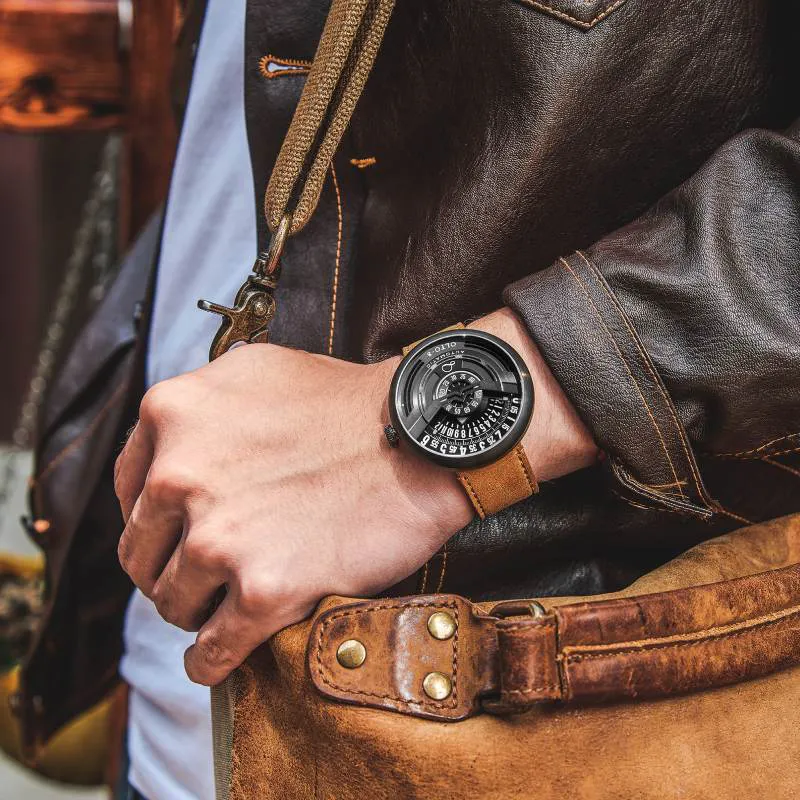 OLTO 8 UFO Series Wrist Watch Automatic Mechanical Movement Genuine Leather Strap Black Dial Men's Watches IF1 S3433-1