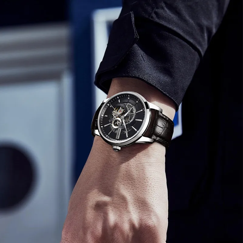 FOCEWALK Mechanical Movement Leather Strap Watch Men's Watches Black Dial-2