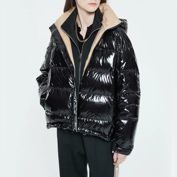 DKNY FW22 Solid Color Hooded Loose Fit Thickened Cropped Down Jacket Women's Black-3