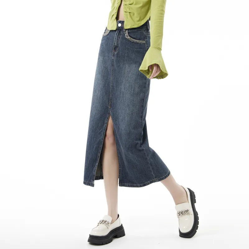 QYPRF Denim Long Skirts Women's Vintage Blue-4