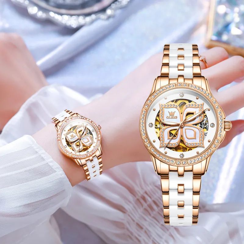 OLEVS Minimalist Series Mechanical Movement Ceramic Strap Watch Women's Watch White Dial-10