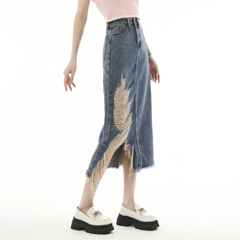 QYPRF Denim Long Skirts Women's Blue-3