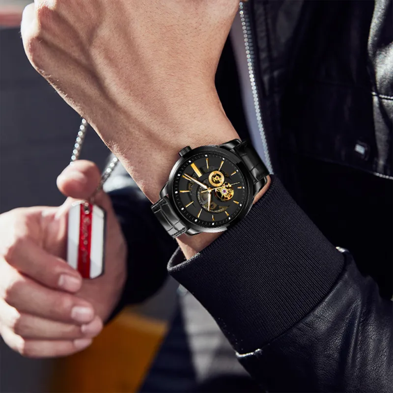 LOBINNI L Automatic Mechanical Movement Genuine Leather Strap Watch Men's Watches Black Dial-5