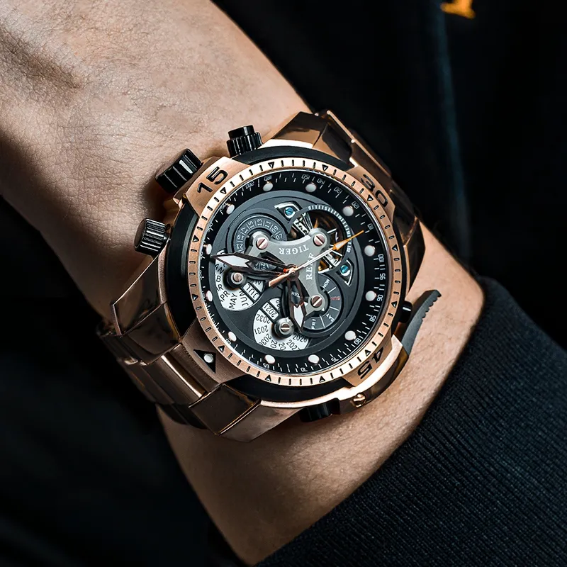 REEF TIGER Aurora Automatic Mechanical Movement Stainless Steel Watchband Watch Men's Watches Black Dial-1