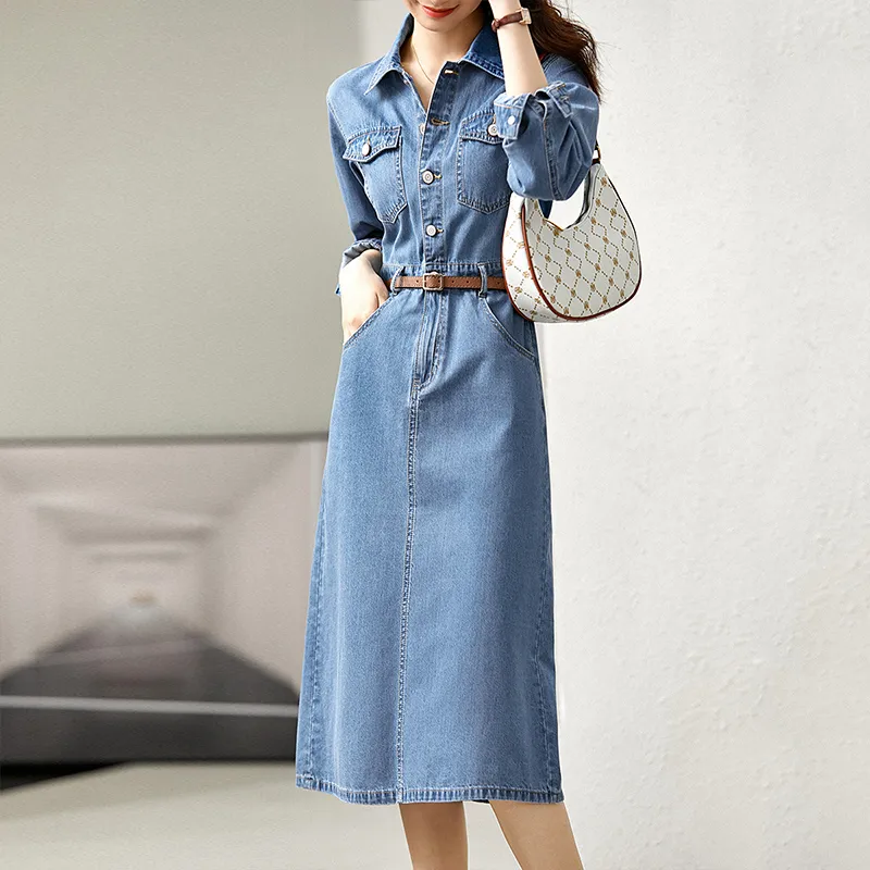 SENTUBILA Long Sleeved Dress Women's Denim Blue-2