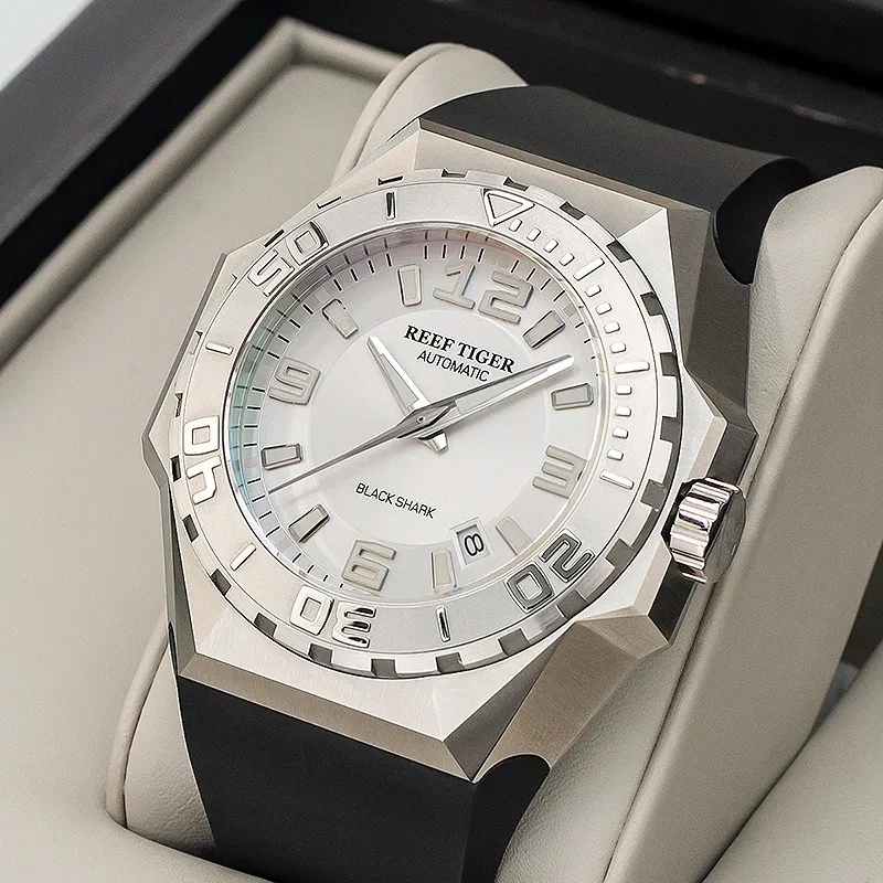 REEF TIGER Black Shark Collection Automatic Mechanical Movement Watch Men's Watches White Dial RGA6903X JBB-1