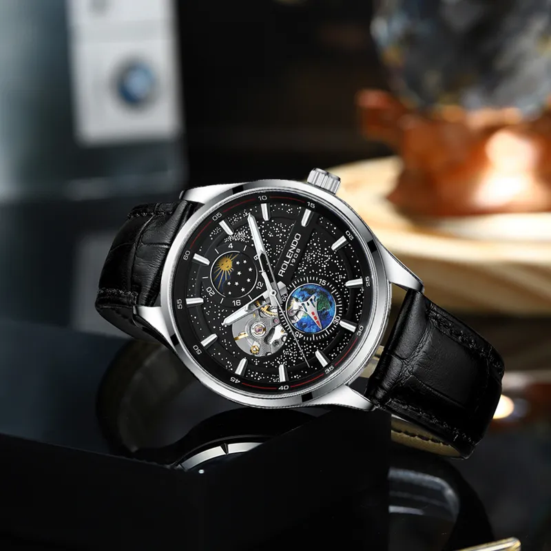 ROLENDO R Automatic Mechanical Movement Cowhide Strap Watch Men's Watches Black Dial-5