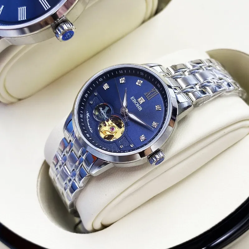 EBOHR Mechanical Movement Stainless Steel Strap Watch Unisex Blue Dial 19081316-7